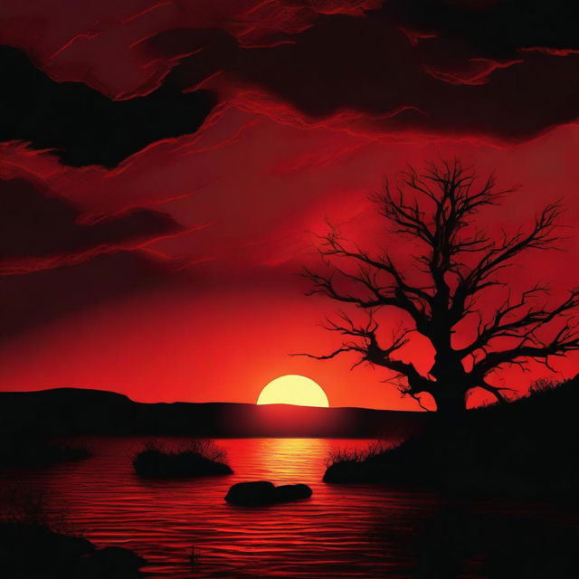 A bright red sun being engulfed by a black shadow