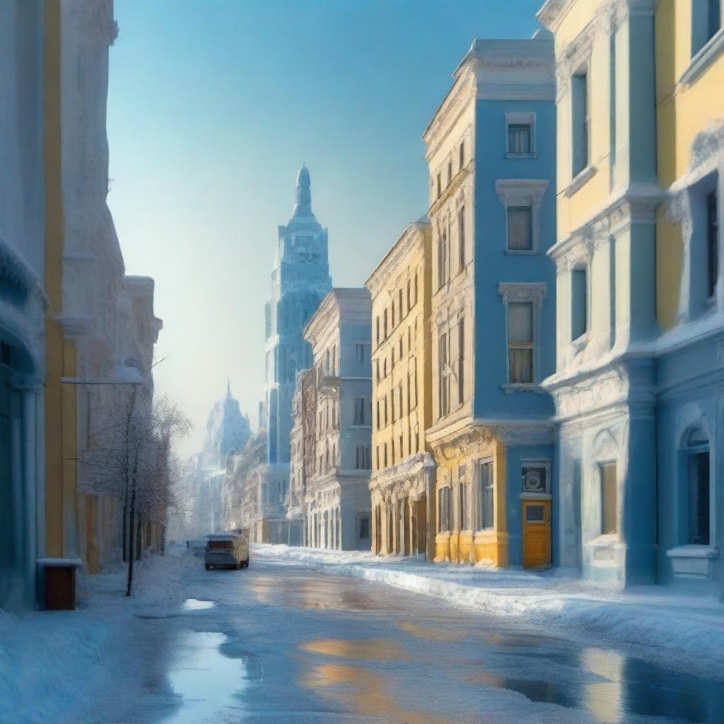 A frozen city encased in blue and yellow ice