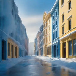 A frozen city encased in blue and yellow ice