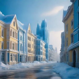 A frozen city encased in blue and yellow ice