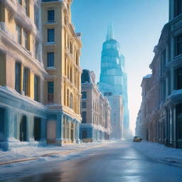 A frozen city encased in blue and yellow ice