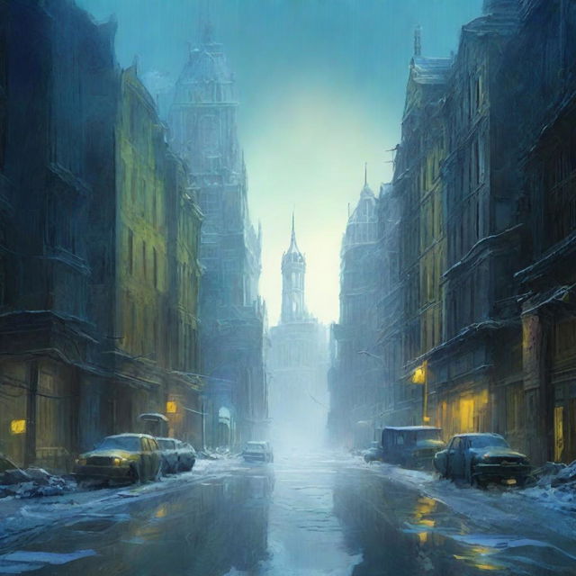 An apocalyptic scene of a dark frozen city encased in blue and yellow ice