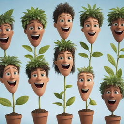 Conceptualize a group of animated, talking seeds. Each seed has distinct facial expressions and they're actively engaged in a lively discussion, sharing tales of their future growth and dreams of the plants they aspire to become.