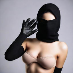 A woman in lingerie wearing a balaclava ski mask and gloves, posing in a seductive manner