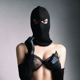 A woman in lingerie, wearing a balaclava ski mask and gloves, posed in a seductive manner