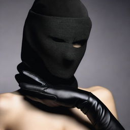 A woman in lingerie, wearing a balaclava ski mask and gloves, posed in a seductive manner