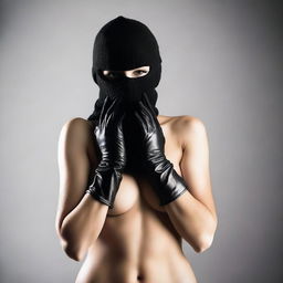 A woman in lingerie, wearing a balaclava ski mask and gloves, posed in a seductive manner