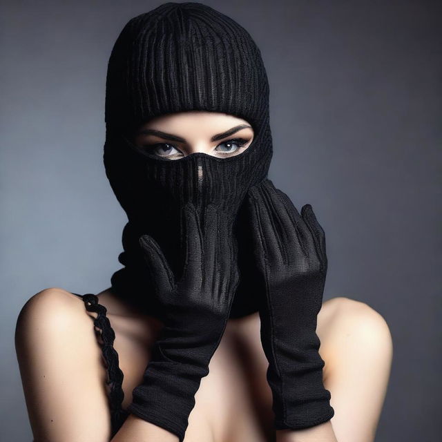 A woman in lingerie, wearing a balaclava ski mask and gloves, posed in a seductive manner