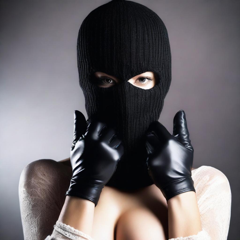 A woman in alluring lingerie, wearing a balaclava ski mask and gloves, posed seductively