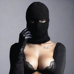 A woman in alluring lingerie, wearing a balaclava ski mask and gloves, posed seductively