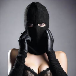 A woman in alluring lingerie, wearing a balaclava ski mask and gloves, posed seductively