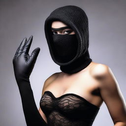 A woman in alluring lingerie, wearing a balaclava ski mask and gloves, posed seductively