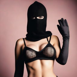 A woman in seductive lingerie, wearing a balaclava ski mask and gloves, posed in a provocative manner