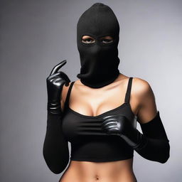 A woman in seductive lingerie, wearing a balaclava ski mask and gloves, posed in a provocative manner