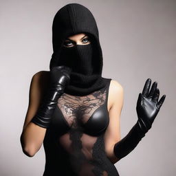 A woman in seductive lingerie, wearing a balaclava ski mask and gloves, posed in a provocative manner