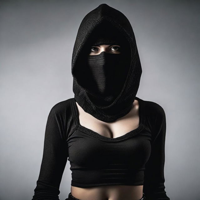 Create an image of a woman wearing lingerie and a balaclava ski mask, gloves, and appearing as if she is involved in a robbery