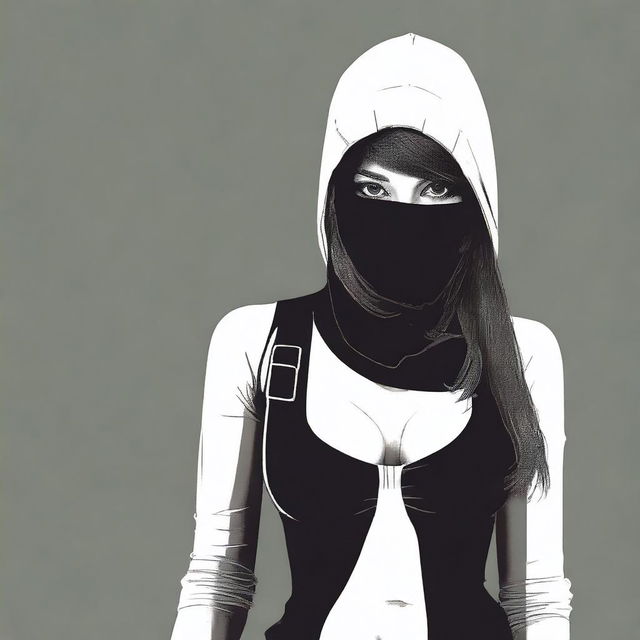 Create an image of a woman wearing lingerie, a balaclava ski mask, and gloves, giving the appearance of being involved in a robbery