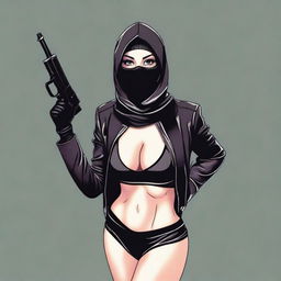 Create an image of a woman wearing a bikini, a balaclava ski mask, and gloves, giving the appearance of being involved in a robbery