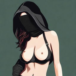 Create an image of a woman wearing a bikini, a balaclava ski mask, and gloves, giving the appearance of being involved in a robbery