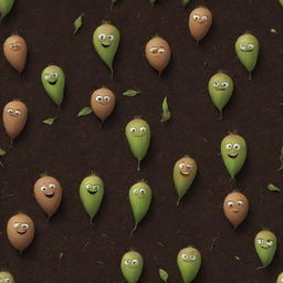 A group of animated seeds in rich soil, each with their own personalities and expressions. They are in a lively conversation, their tales of growth and dreams filling the air. They blend seamlessly into the environment, almost like real entities.