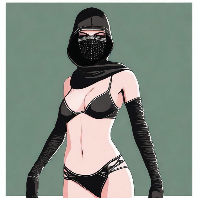 Generate an image of a woman wearing a bikini, a balaclava ski mask, and gloves, giving the appearance of being involved in a robbery