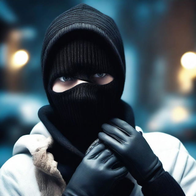 Create an image of a woman wearing a bikini top, a balaclava ski mask, and gloves, giving the appearance of being involved in a robbery