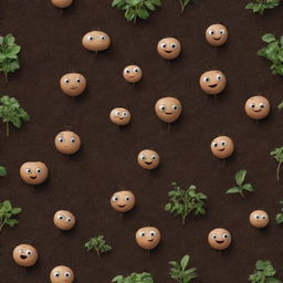 A group of animated seeds in rich soil, each with their own personalities and expressions. They are in a lively conversation, their tales of growth and dreams filling the air. They blend seamlessly into the environment, almost like real entities.