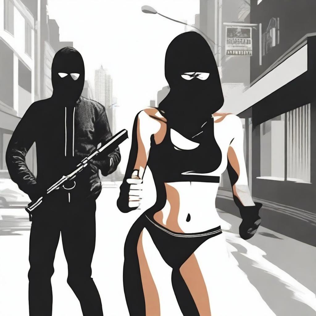 Create an image depicting a scene involving a robbery where the individual is wearing a bikini, a balaclava ski mask, and gloves