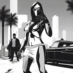 Create an image depicting a scene involving a robbery where the individual is wearing a bikini, a balaclava ski mask, and gloves