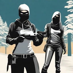 Create an image depicting a scene involving a robbery where the individual is wearing a bikini, a balaclava ski mask, and gloves