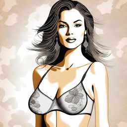 A detailed and stylish digital artwork of a woman wearing a sexy bra