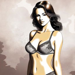 A detailed and stylish digital artwork of a woman wearing a sexy bra