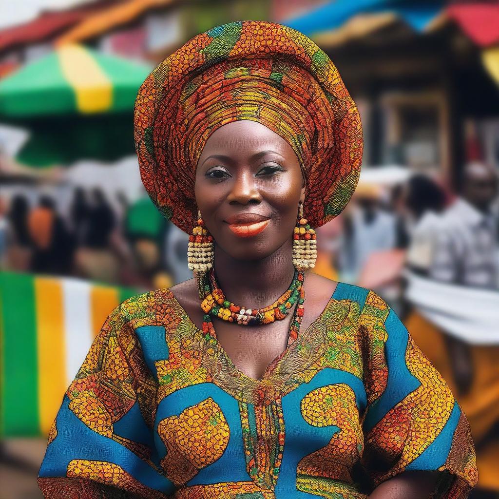 A tall and outspoken Nigerian woman standing confidently in a vibrant Nigerian marketplace