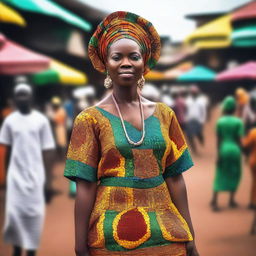 A tall and outspoken Nigerian woman standing confidently in a vibrant Nigerian marketplace