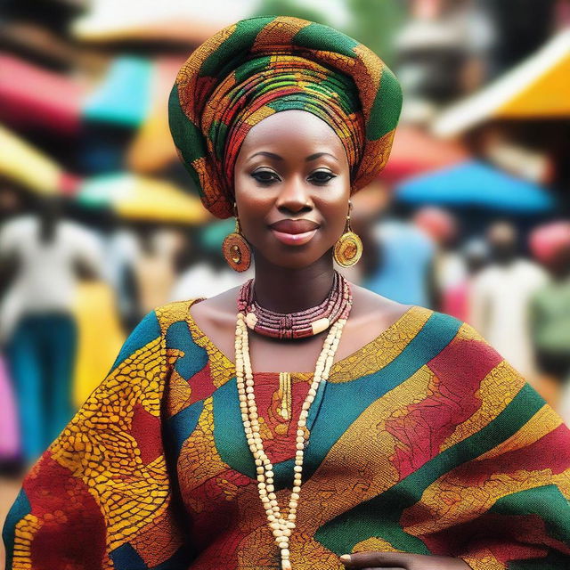 A tall and outspoken Nigerian woman standing confidently in a vibrant Nigerian marketplace