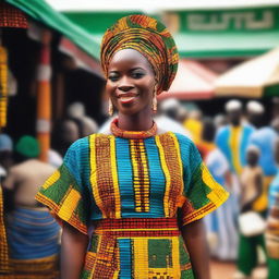 A tall and outspoken Nigerian woman standing confidently in a vibrant Nigerian marketplace