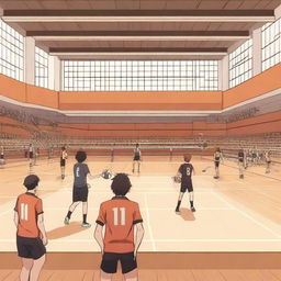 Create a background inspired by the anime Haikyuu, featuring volleyball players in action, a gymnasium setting, and the dynamic energy of a high-stakes volleyball match