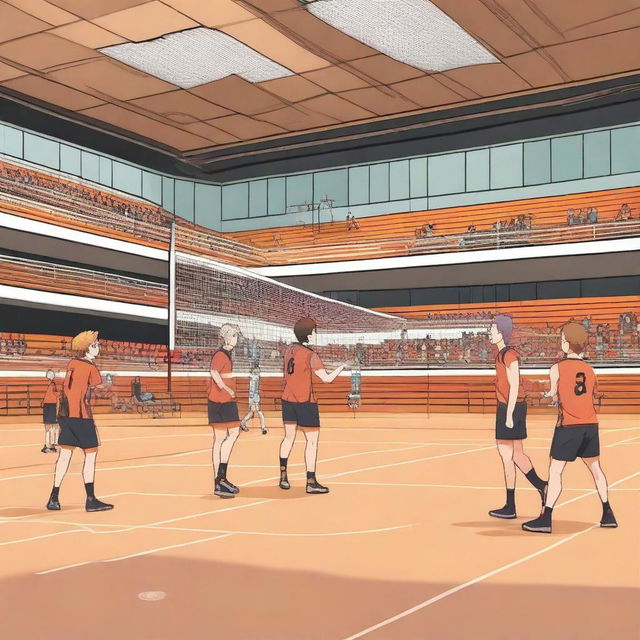 Create a background inspired by the anime Haikyuu, featuring volleyball players in action, a gymnasium setting, and the dynamic energy of a high-stakes volleyball match