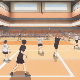 Create a background inspired by the anime Haikyuu, featuring volleyball players in action, a gymnasium setting, and the dynamic energy of a high-stakes volleyball match