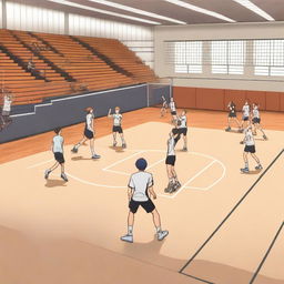 Create a background inspired by the anime Haikyuu, featuring volleyball players in action, a gymnasium setting, and the dynamic energy of a high-stakes volleyball match