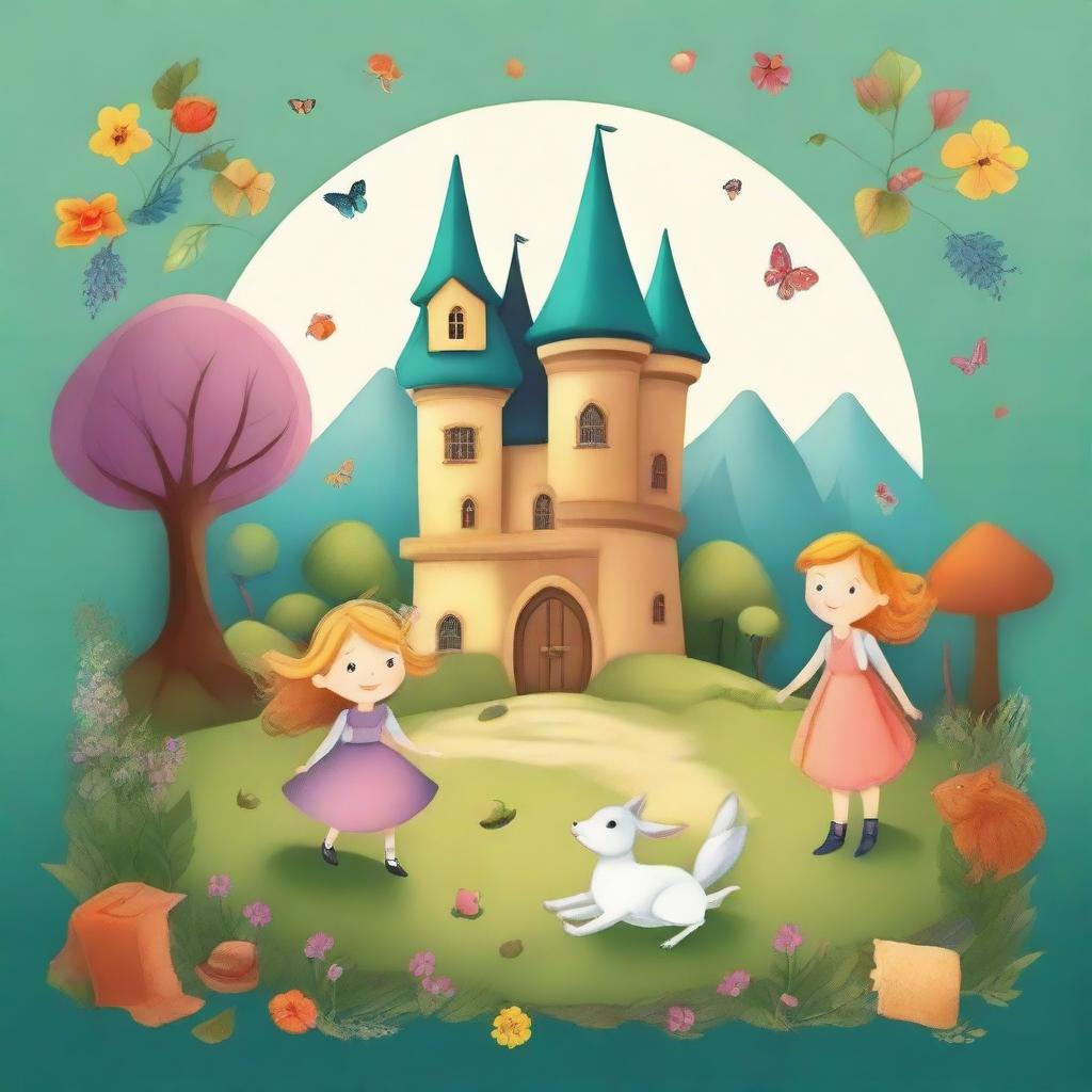 Create an image inspired by the book 'Kinder- und Hausmärchen' featuring classic fairy tale elements such as enchanted forests, magical creatures, and whimsical castles