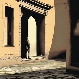 A lone male figure stands heroically in a stone doorway