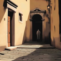 A lone male figure stands heroically in a stone doorway