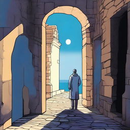 A lone male figure stands heroically in a stone doorway, one leg firmly planted on a shadowy cobblestone street, while the other leg steps through the doorway into a landscape bathed in warm sunlight