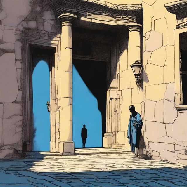 A lone male figure stands heroically in a stone doorway, one leg firmly planted on a shadowy cobblestone street, while the other leg steps through the doorway into a landscape bathed in warm sunlight