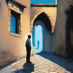 A lone male figure stands heroically in a stone doorway, one leg firmly planted on a shadowy cobblestone street, while the other leg steps through the doorway into a landscape bathed in warm sunlight