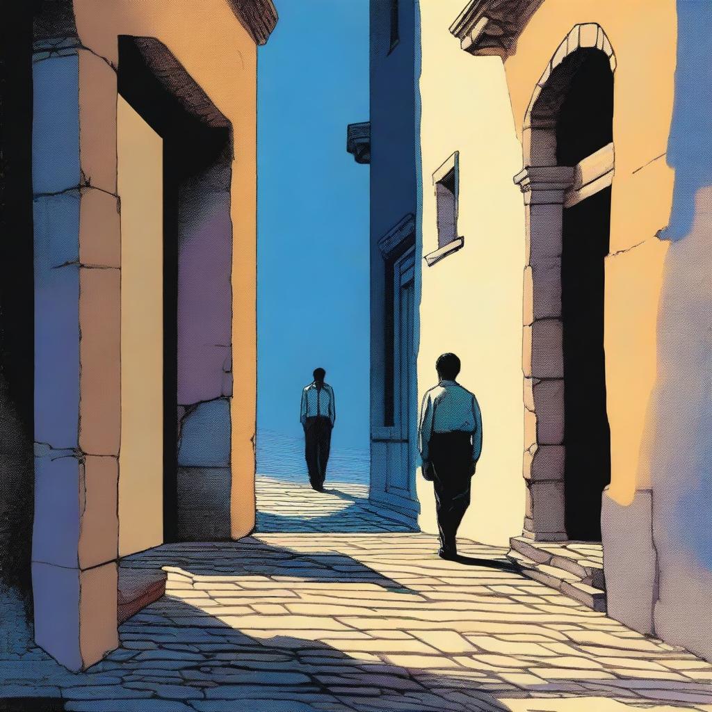 A lone male figure stands heroically in a stone doorway, one leg firmly planted on a shadowy cobblestone street, while the other leg steps through the doorway into a landscape bathed in warm sunlight