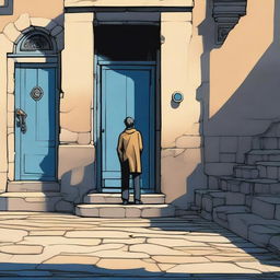 A lone male figure stands heroically in a stone doorway, one leg firmly planted on a shadowy cobblestone street, while the other leg steps through the doorway into a landscape bathed in warm sunlight