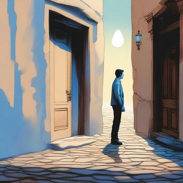 A lone male figure stands heroically in a stone doorway, one leg firmly planted on a shadowy cobblestone street, while the other leg steps through the doorway into a landscape bathed in warm sunlight