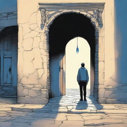 A lone male figure stands heroically in a stone doorway, one leg firmly planted on a shadowy cobblestone street, while the other leg steps through the doorway into a landscape bathed in warm sunlight